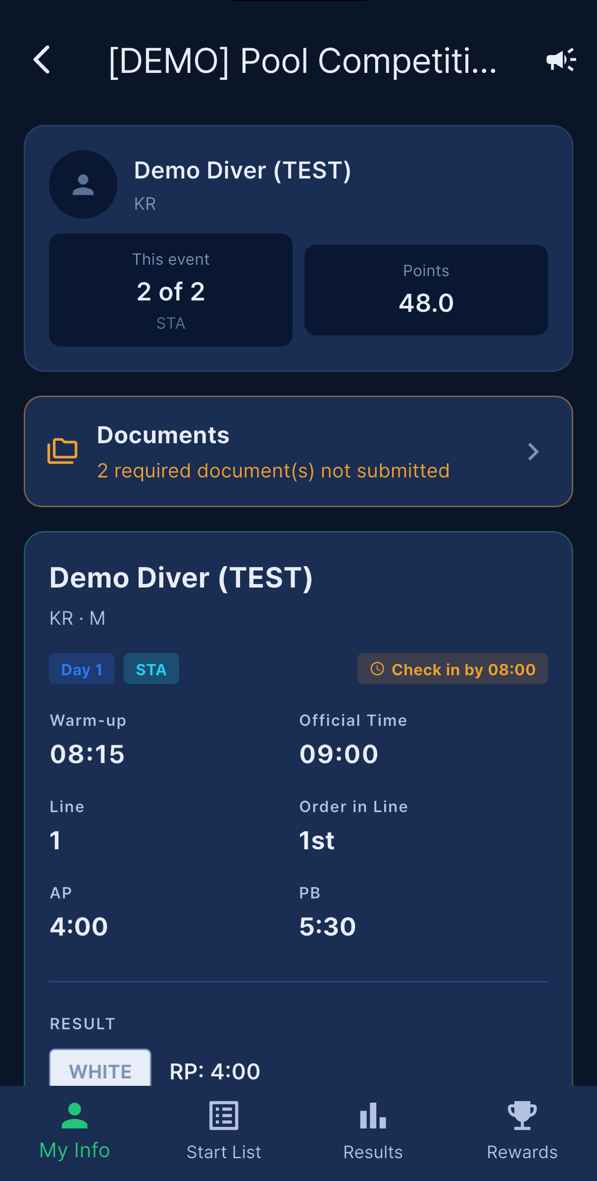 The athlete My Info screen