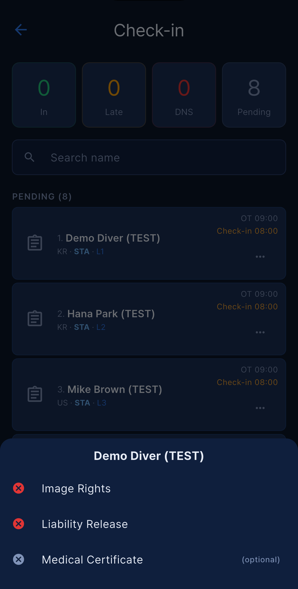 Document sheet on a check-in row