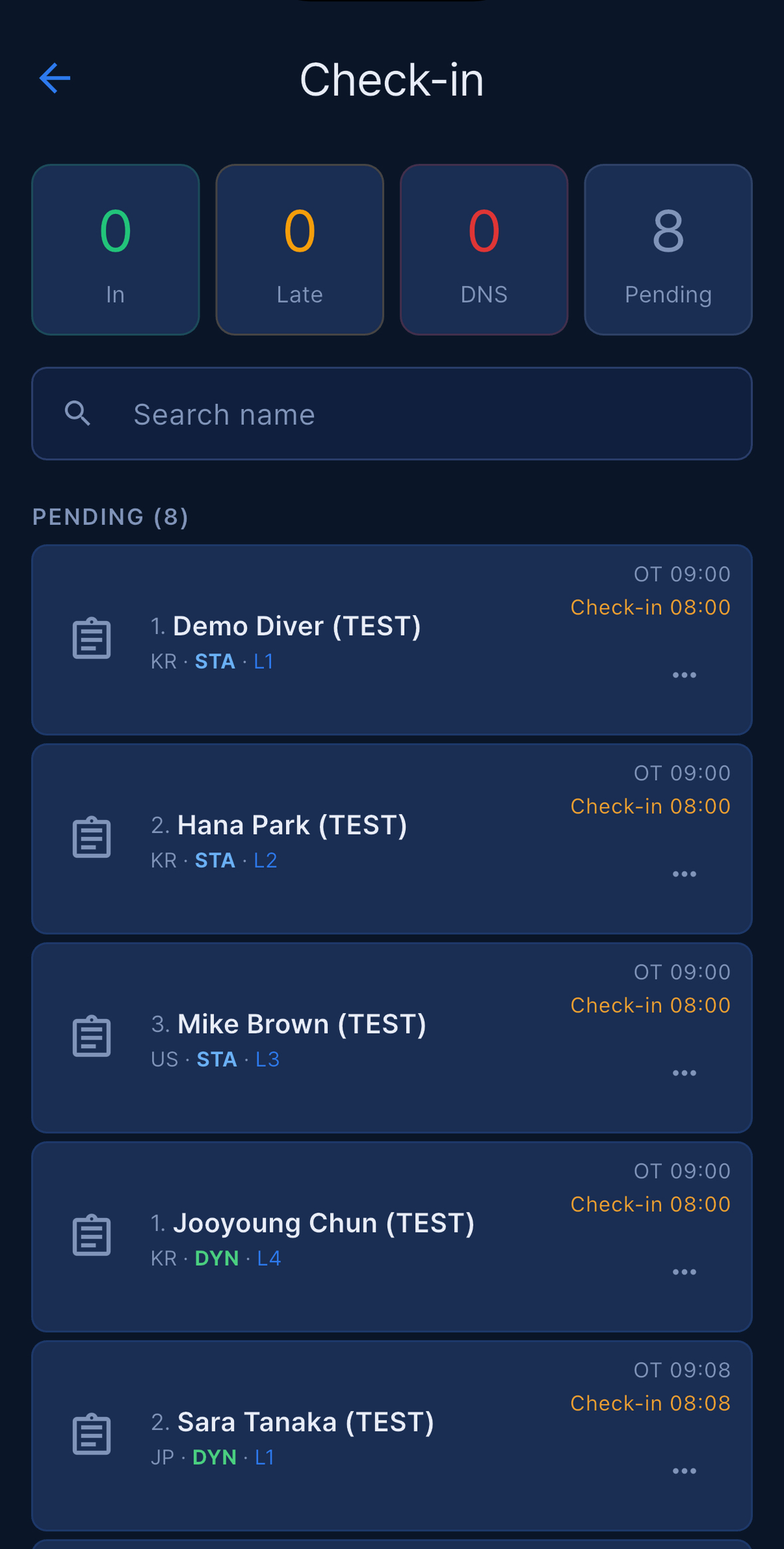 Check-in screen