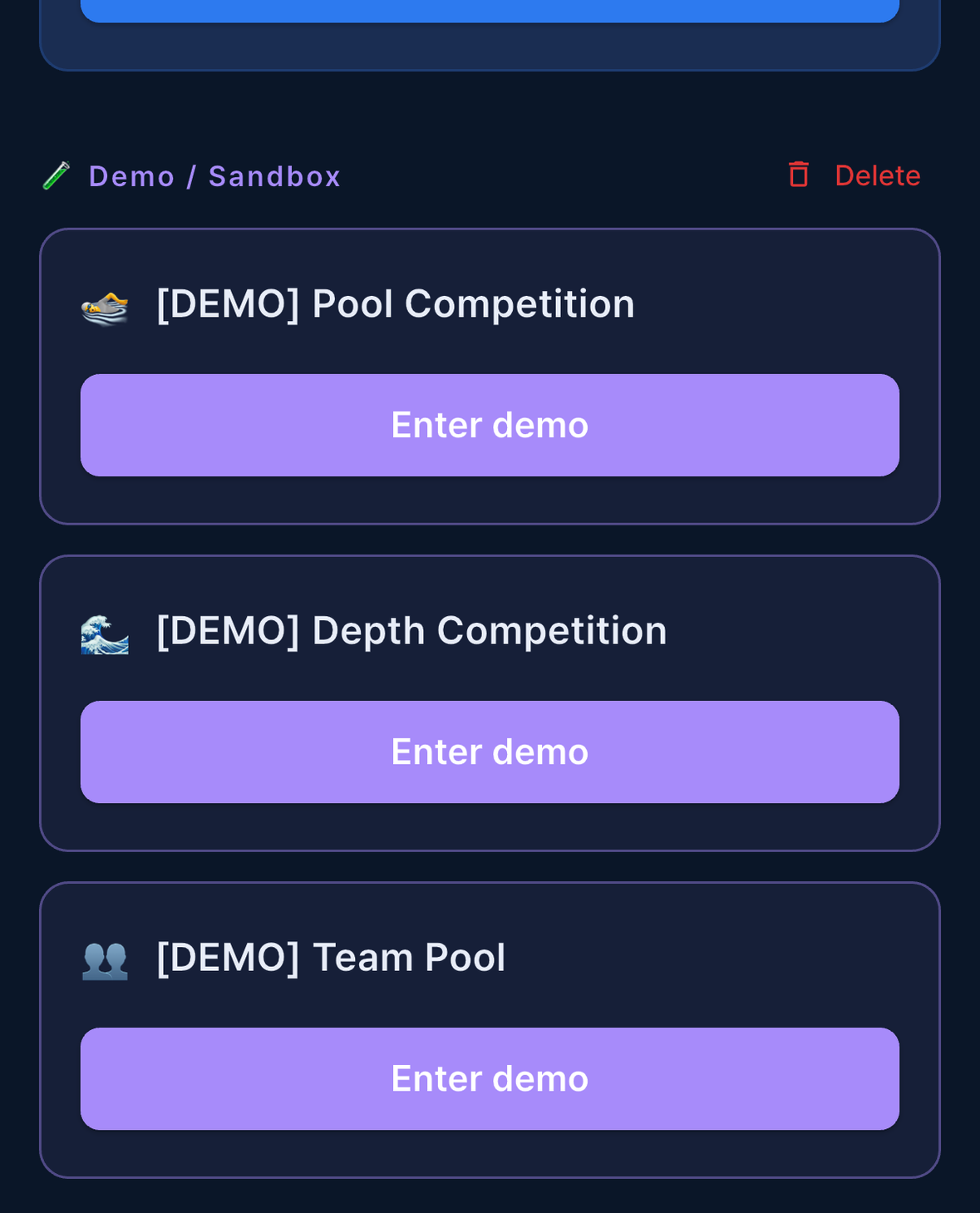 My Events with the Demo / Sandbox section