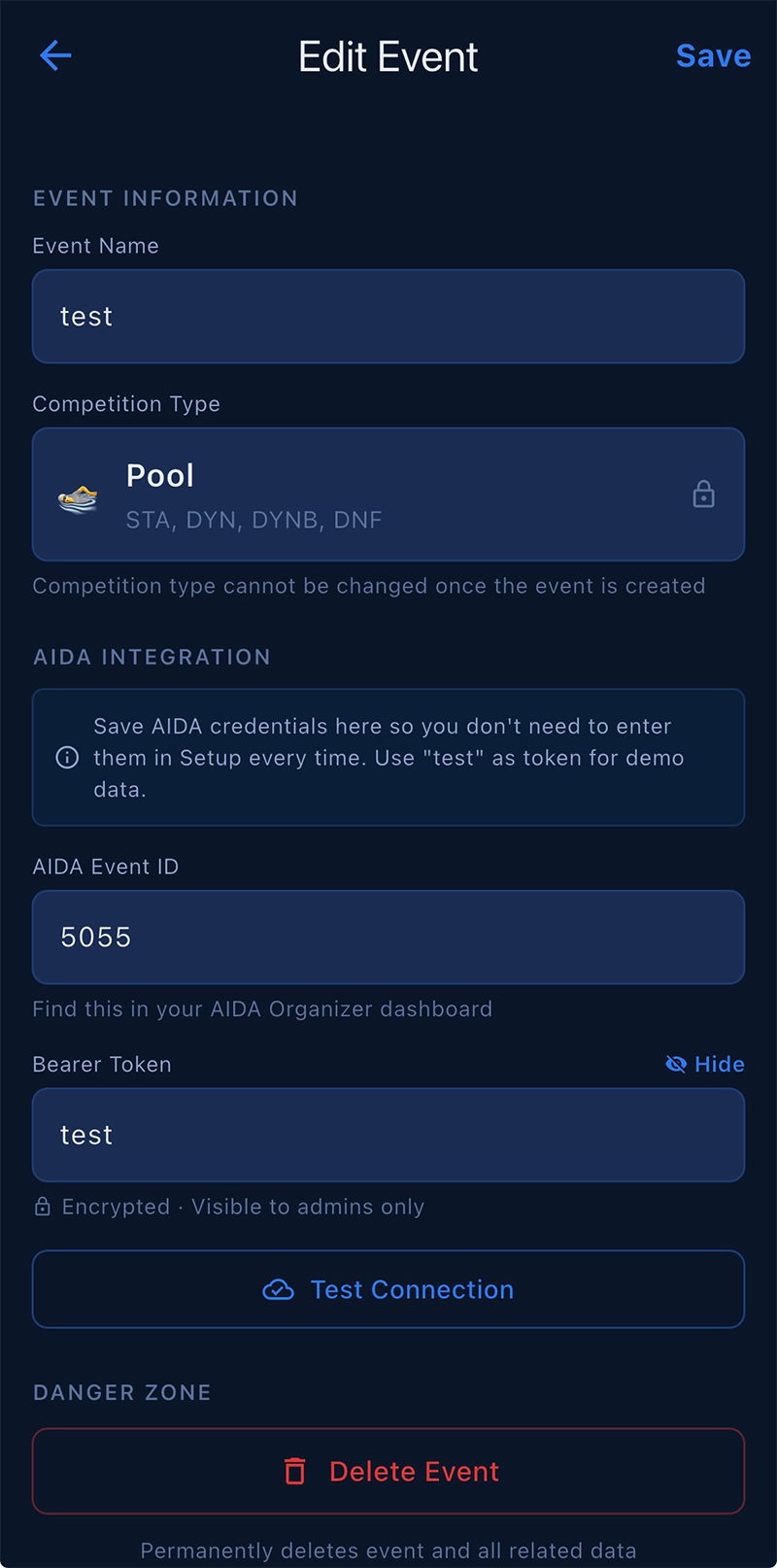 Edit Event screen with AIDA fields