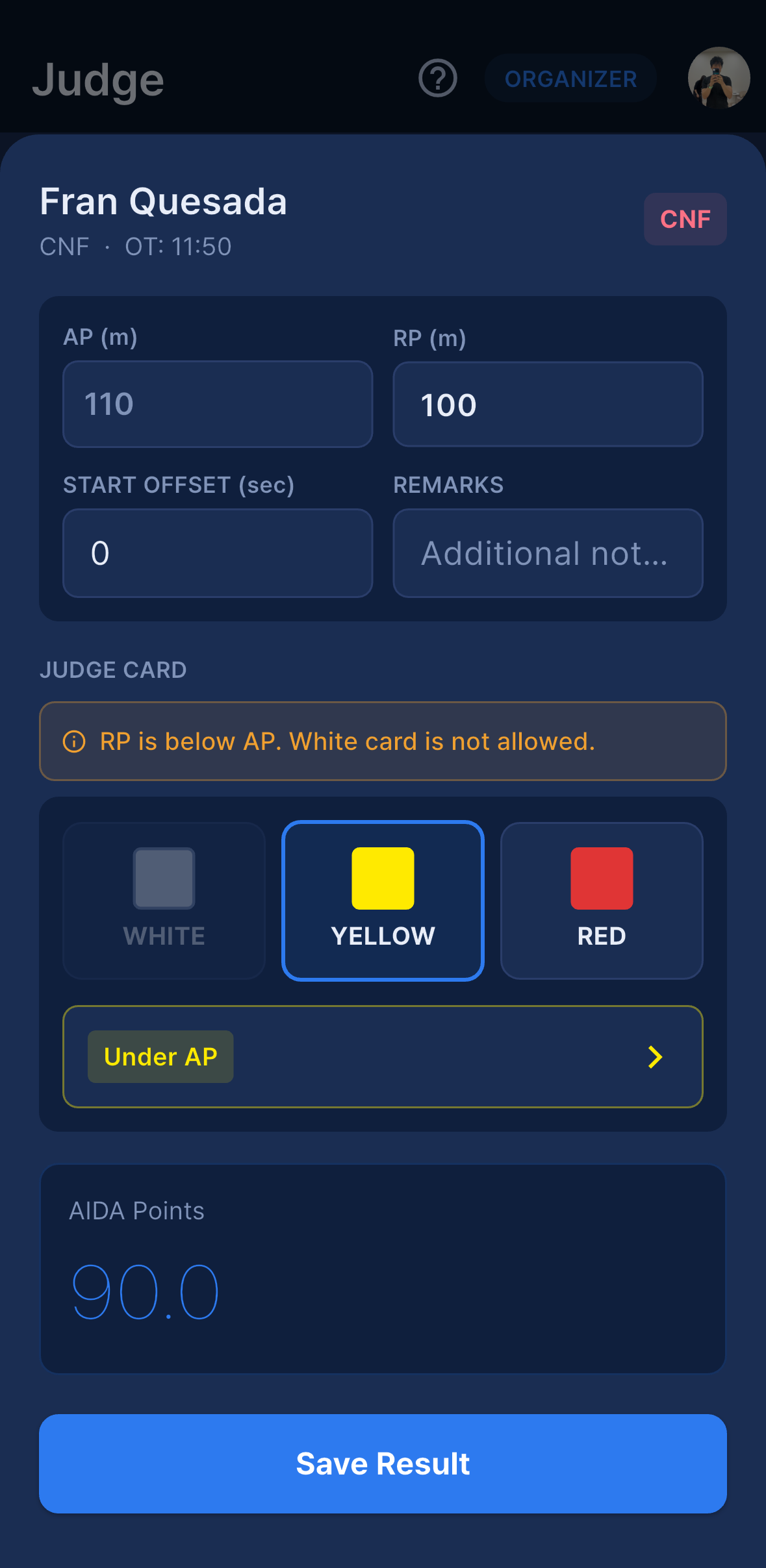 Judge tab with athlete cards