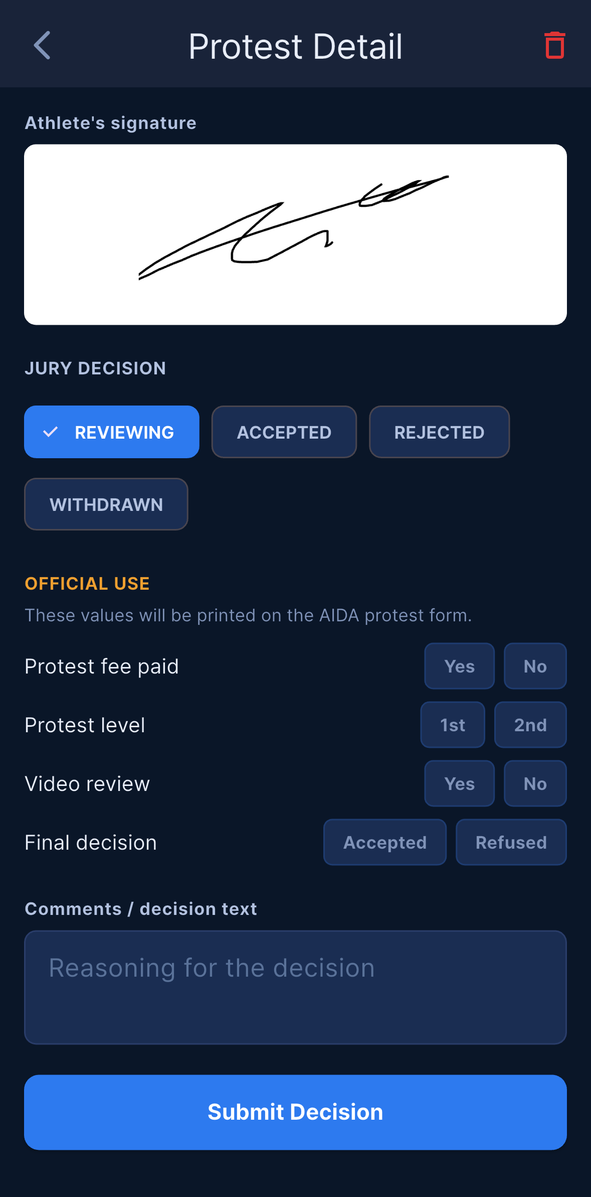 Protest decision screen