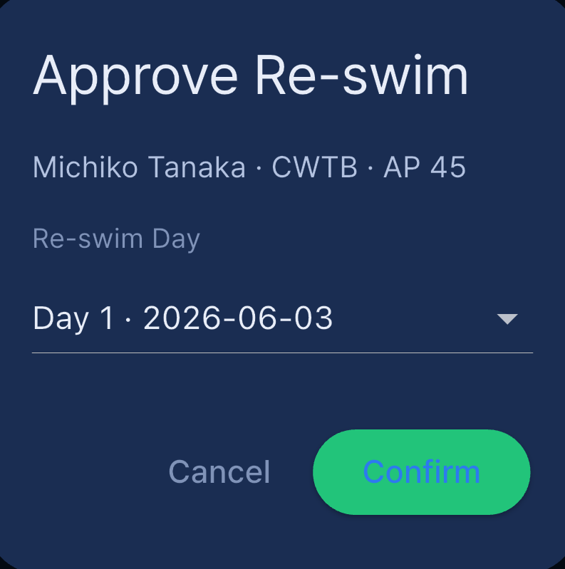 Reserve a re-swim — choose the day