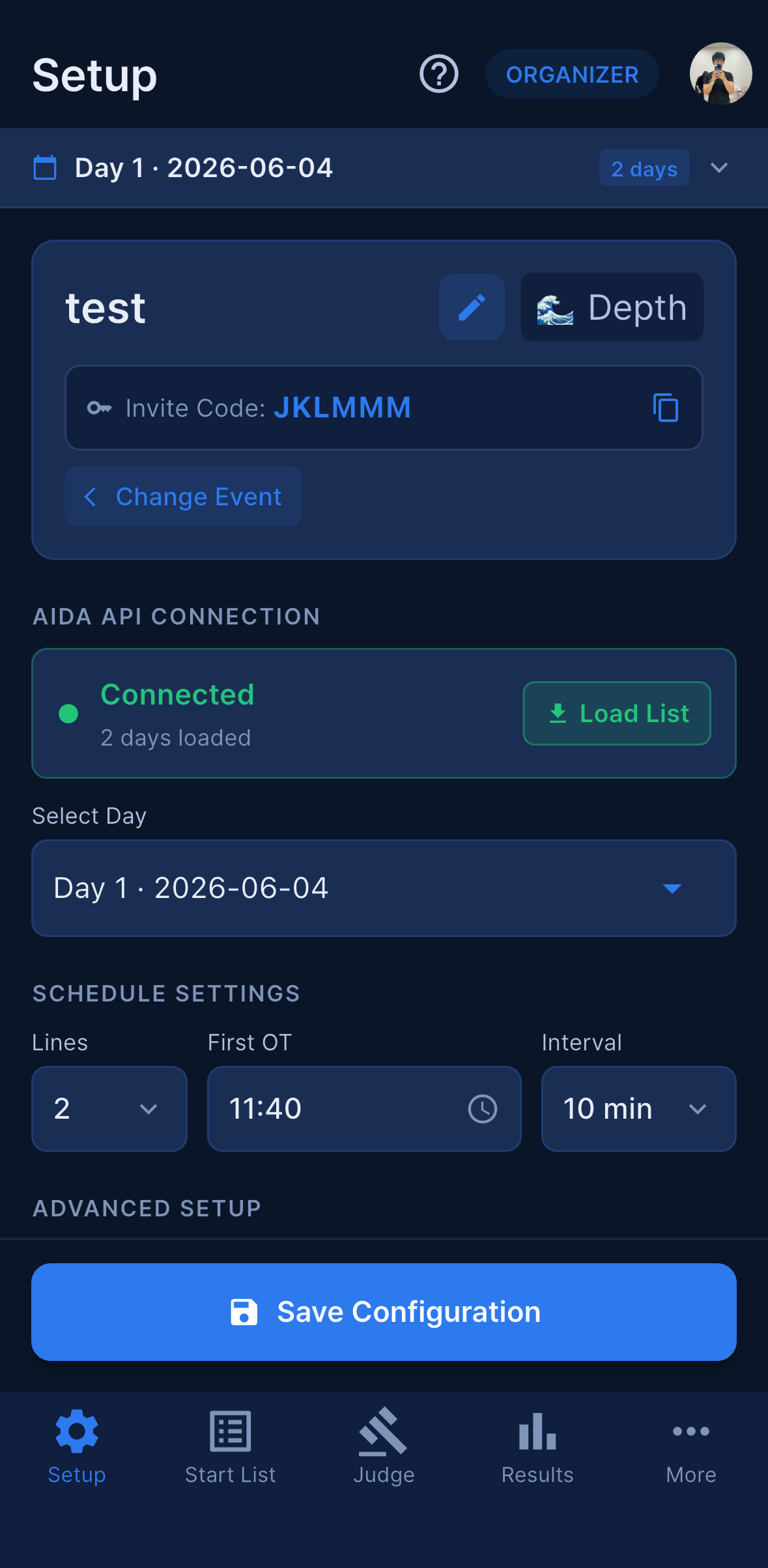Setup screen layout