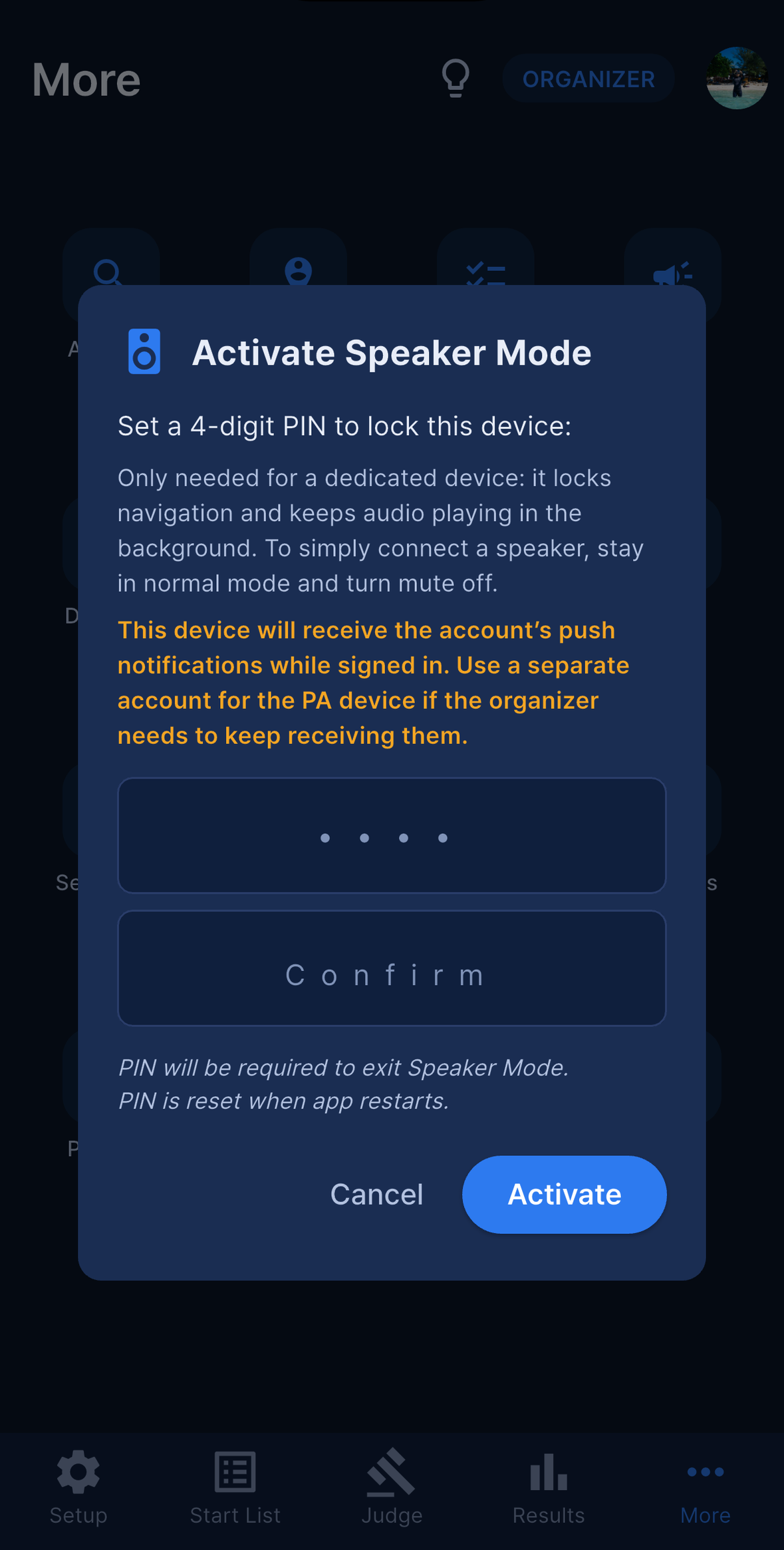 Speaker Mode PIN dialog