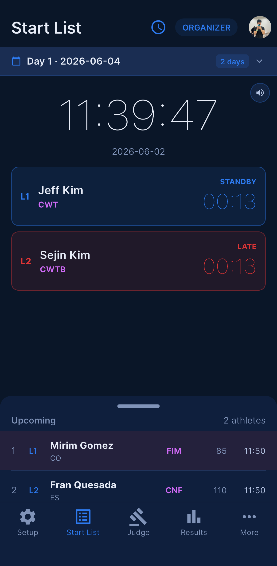 Start List screen with countdown