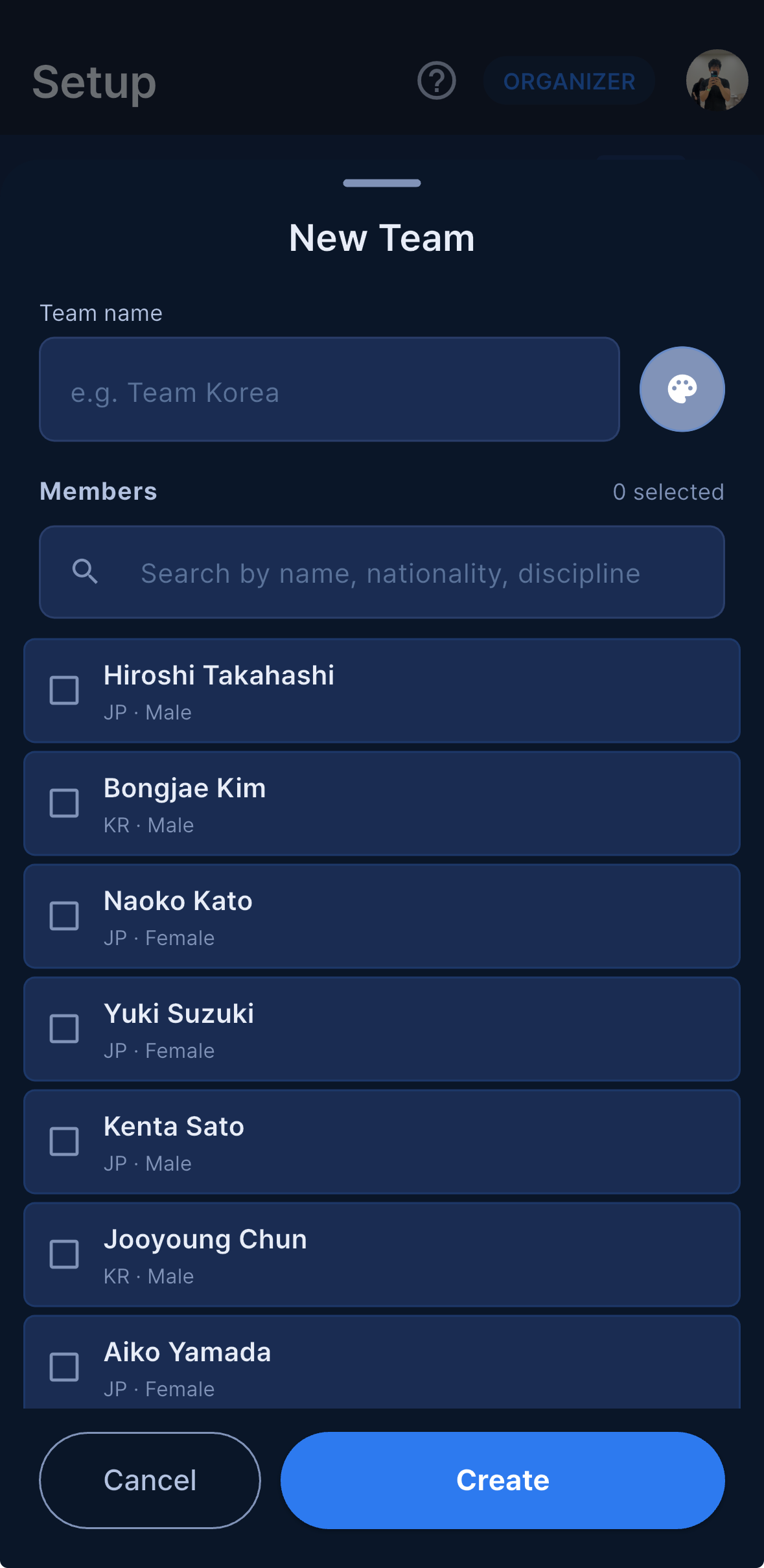 Team editor — name, color, members